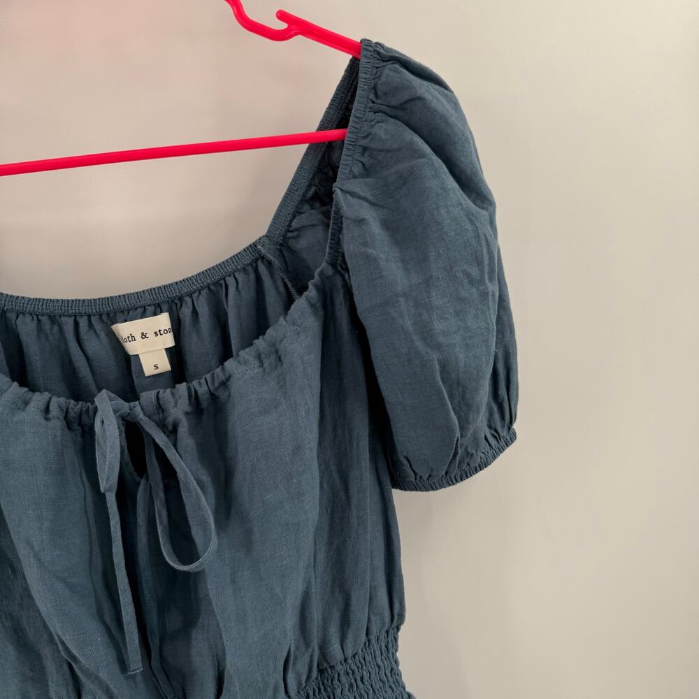 Cloth & Stone Dress Size Small NEW Anthropologie 100% Linen Mini Blue Smock NWOT - Picture 8 of 16